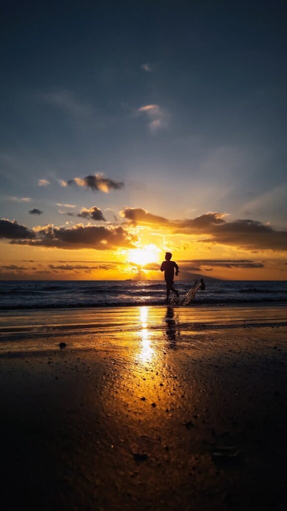 silhouette of man and woman walking on beach during sunset
